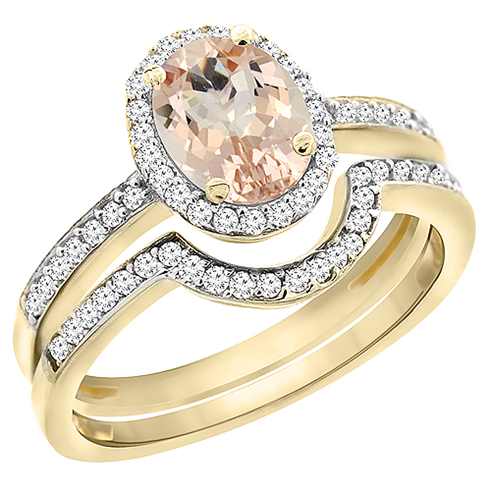 14K Yellow Gold Diamond Natural Morganite 2-Pc. Engagement Ring Set Oval 8x6 mm, sizes 5 - 10