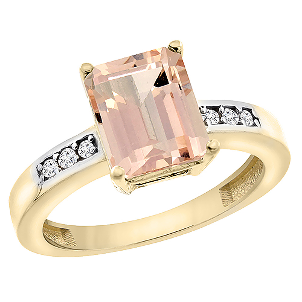 14K Yellow Gold Natural Morganite Octagon 9x7 mm with Diamond Accents, sizes 5 - 10