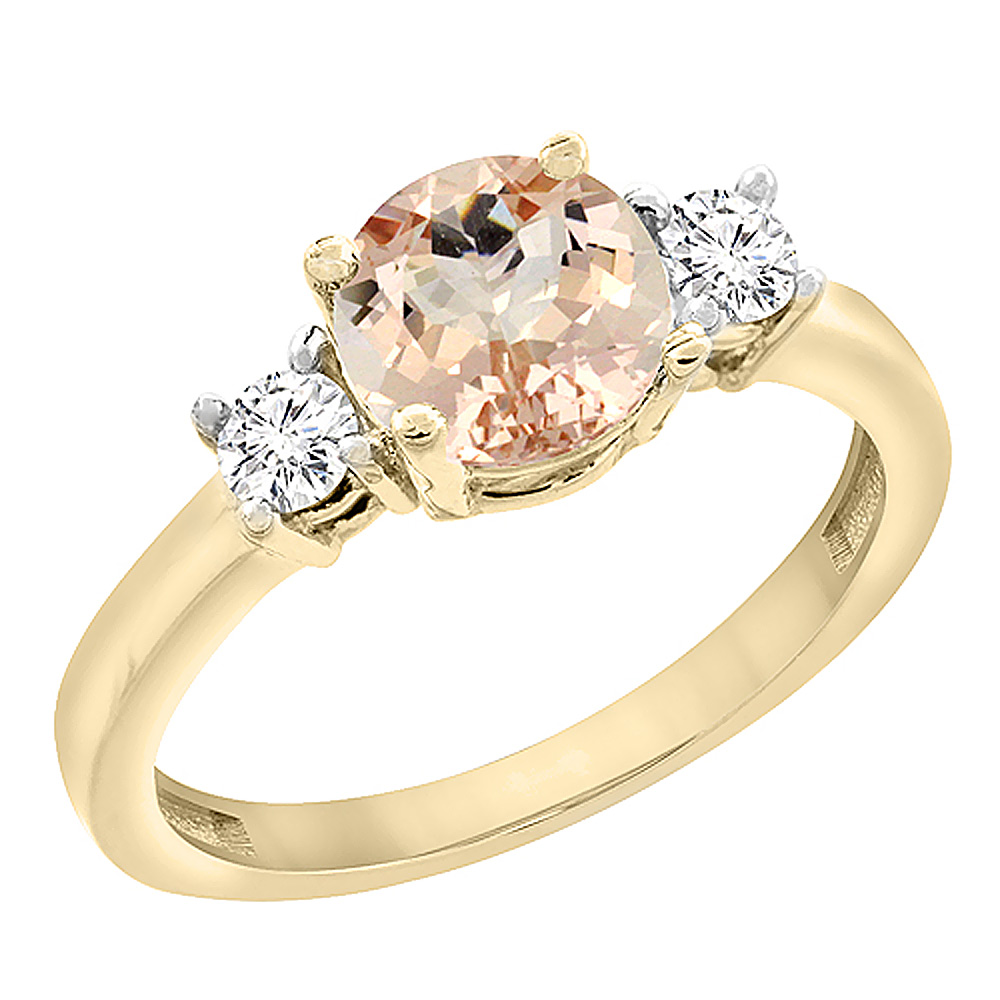 10K Yellow Gold Diamond Natural Morganite Engagement Ring Round 7mm, sizes 5 to 10 with half sizes