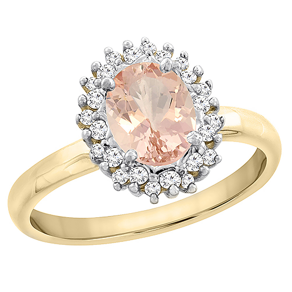 14K Yellow Gold Diamond Natural Morganite Engagement Ring Oval 7x5mm, sizes 5 - 10