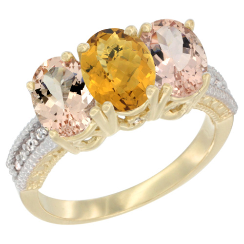 10K Yellow Gold Natural Whisky Quartz & Morganite Ring 3-Stone Oval 7x5 mm, sizes 5 - 10