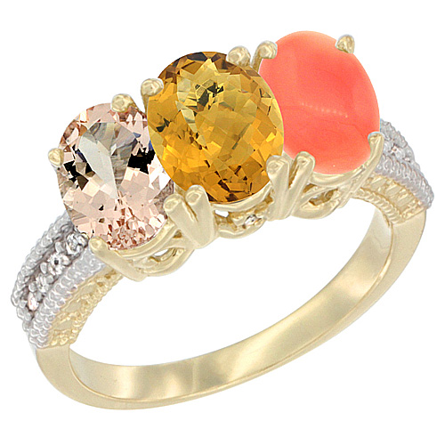 10K Yellow Gold Natural Morganite, Whisky Quartz & Coral Ring 3-Stone Oval 7x5 mm, sizes 5 - 10