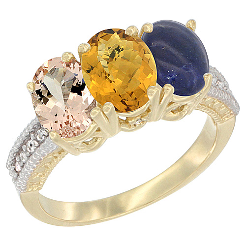 10K Yellow Gold Natural Morganite, Whisky Quartz & Lapis Ring 3-Stone Oval 7x5 mm, sizes 5 - 10