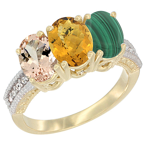 10K Yellow Gold Natural Morganite, Whisky Quartz & Malachite Ring 3-Stone Oval 7x5 mm, sizes 5 - 10