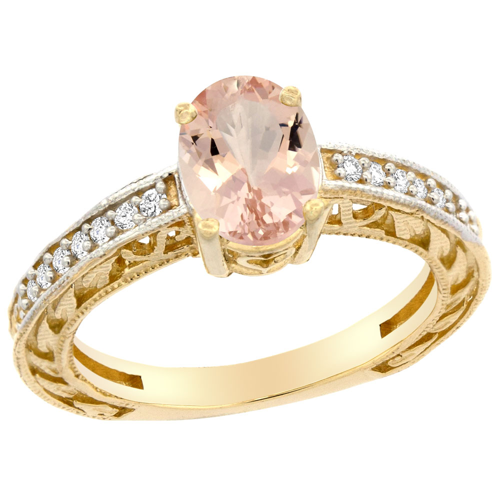 14K Gold Natural Morganite Ring Oval 8x6 mm Diamond Accents, sizes 5 - 10