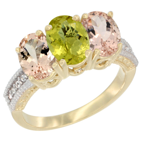10K Yellow Gold Natural Lemon Quartz & Morganite Ring 3-Stone Oval 7x5 mm, sizes 5 - 10