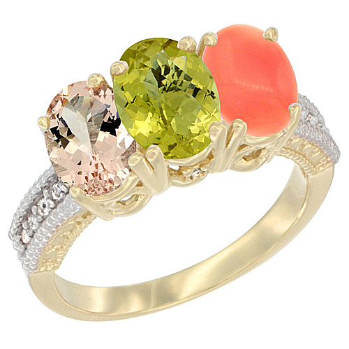 10K Yellow Gold Natural Morganite, Lemon Quartz & Coral Ring 3-Stone Oval 7x5 mm, sizes 5 - 10