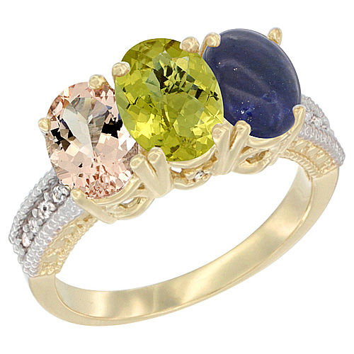10K Yellow Gold Natural Morganite, Lemon Quartz & Lapis Ring 3-Stone Oval 7x5 mm, sizes 5 - 10