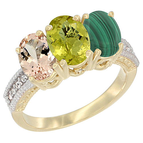 10K Yellow Gold Natural Morganite, Lemon Quartz & Malachite Ring 3-Stone Oval 7x5 mm, sizes 5 - 10