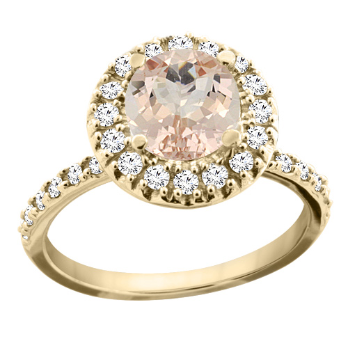 14K Yellow Gold Natural Morganite Ring Round 8mm Floating Halo Diamond, sizes 5 - 10