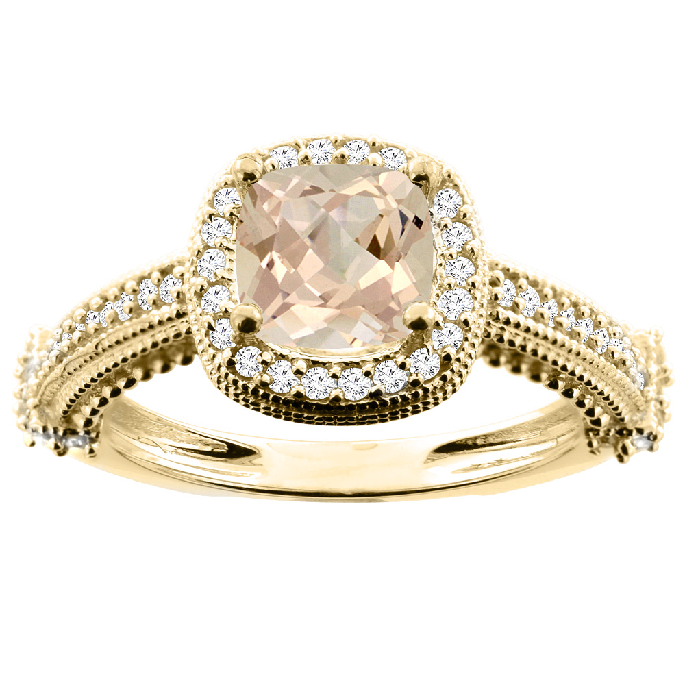 14K White/Yellow/Rose Gold Natural Morganite Ring Cushion 7x7mm Diamond Accent 7/16 inch wide, size 5