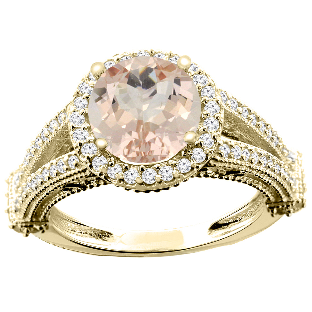 14K White/Yellow/Rose Gold Natural Morganite Ring Round 8mm Diamond Accent, sizes 5 - 10