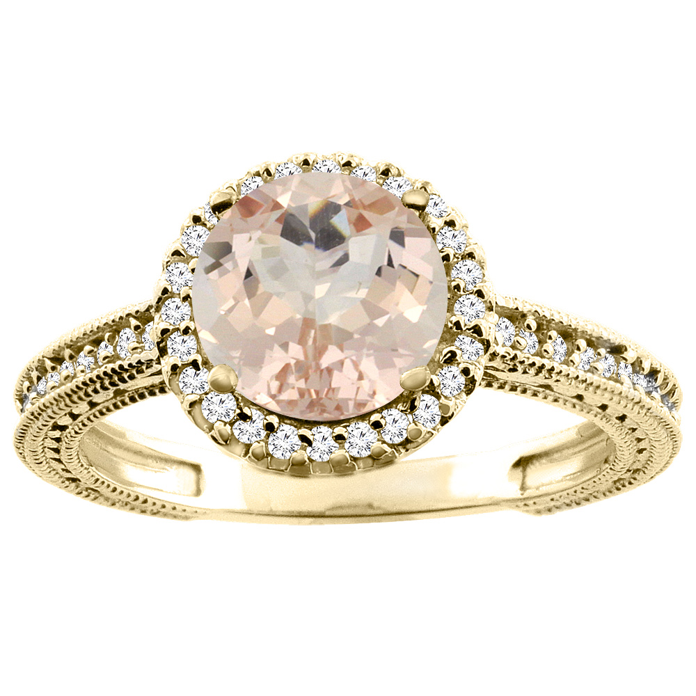 14K White/Yellow/Rose Gold Natural Morganite Ring Round 7mm Diamond Accent, sizes 5 - 10