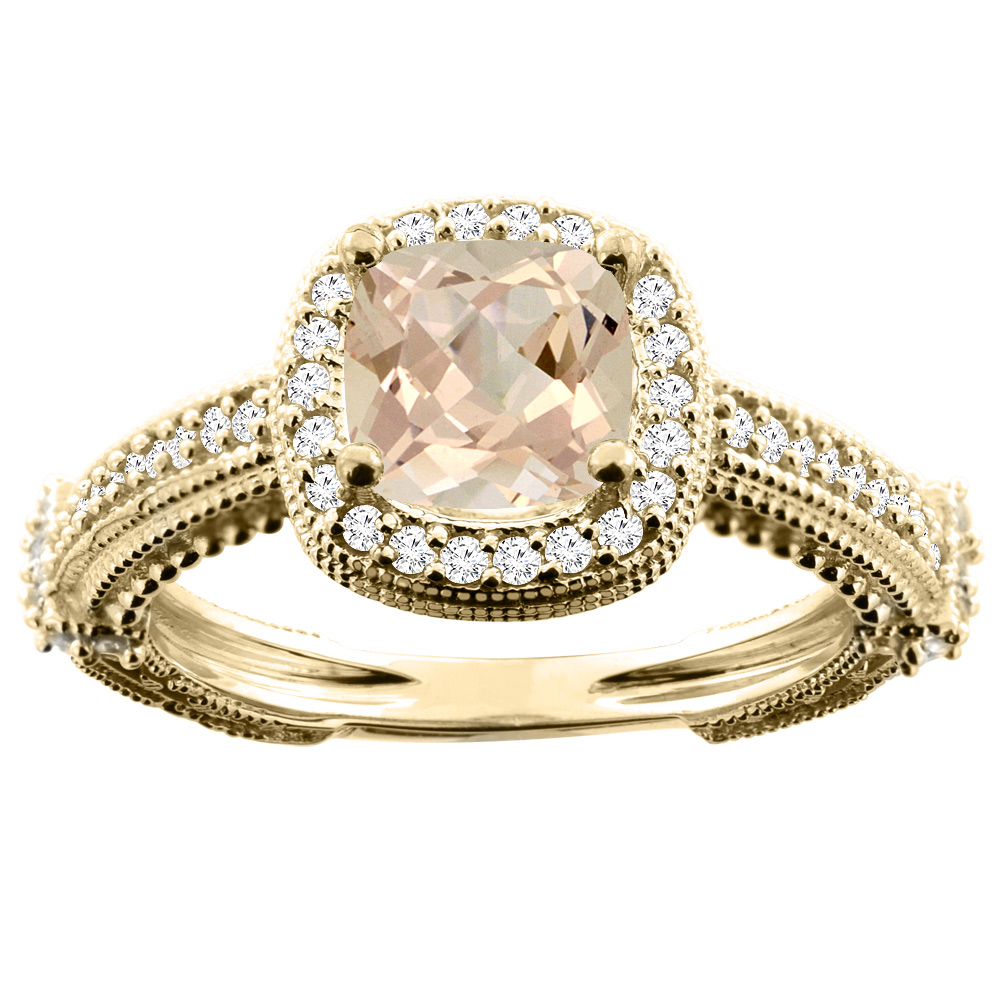 14K White/Yellow/Rose Gold Natural Morganite Ring Cushion 7x7mm Diamond Accent, sizes 5 - 10