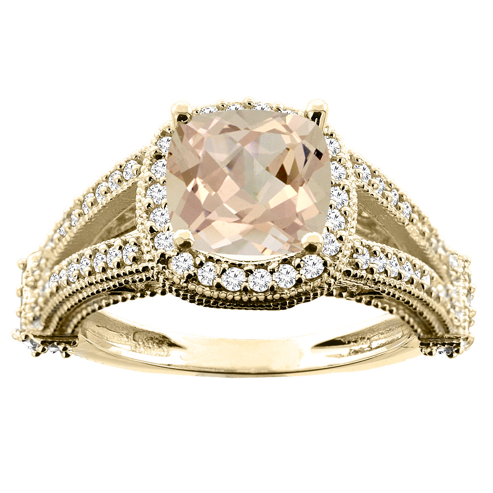 14K White/Yellow/Rose Gold Natural Morganite Split Shank Ring Cushion 7x7mm Diamond Accent, sizes 5 - 10