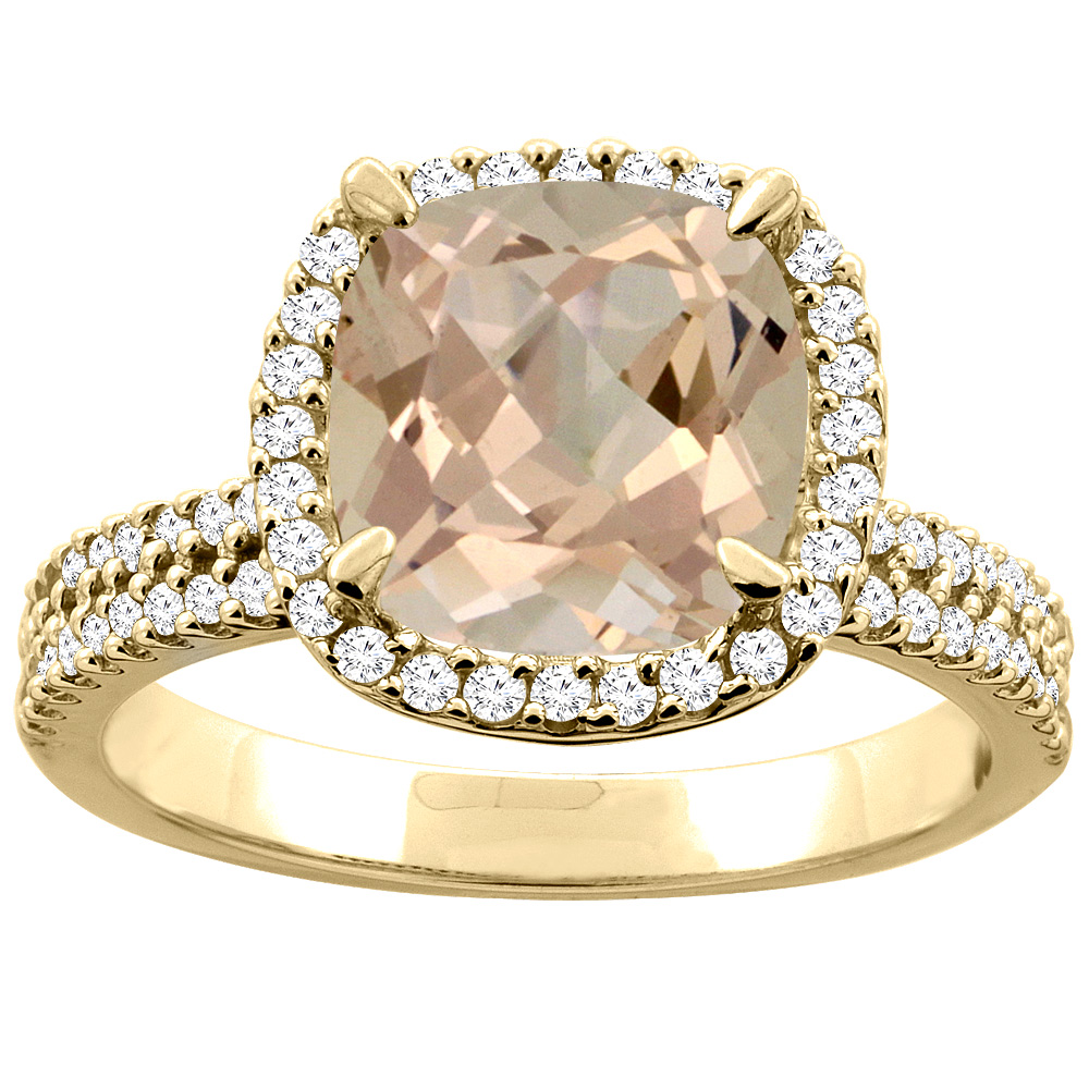 14K Yellow Gold Natural Morganite Halo Ring Cushion 9x9mm Diamond Accent, sizes 5 - 10