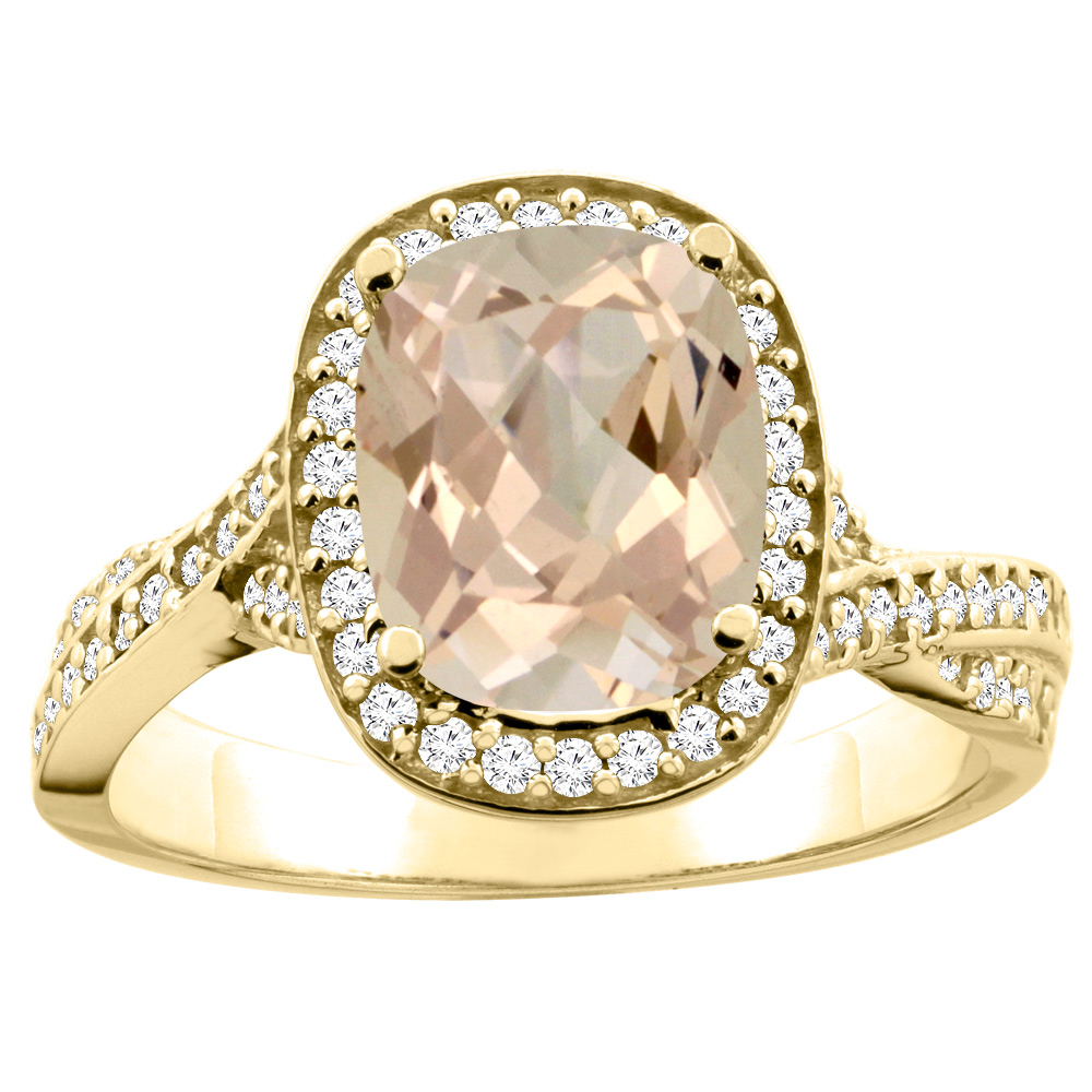 14K Yellow Gold Natural Morganite Halo Ring Cushion 9x7mm Diamond Accent 1/2 inch wide, sizes 5 - 10
