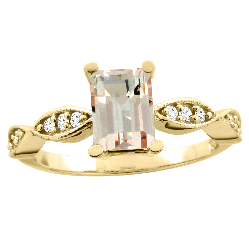 10K White/Yellow Gold Natural Morganite Ring Octagon 8x6mm Diamond Accent, sizes 5 - 10
