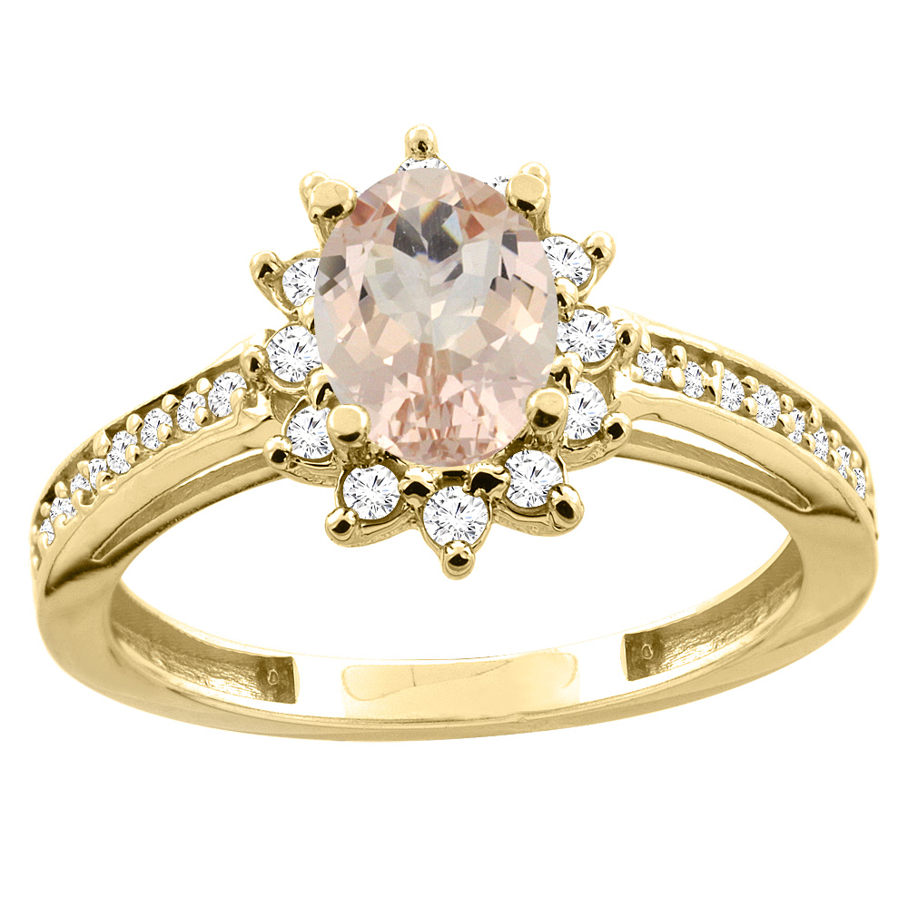 14K White/Yellow Gold Diamond Natural Morganite Floral Halo Engagement Ring Oval 7x5mm, sizes 5 - 10