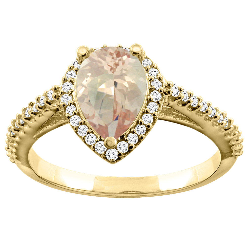 14K Yellow Gold Natural Morganite Ring Pear 9x7mm Diamond Accents, sizes 5 - 10