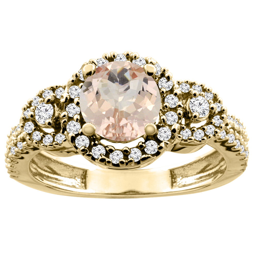 14K White/Yellow Gold Diamond Halo Natural Morganite Ring Round 6mm, sizes 5 - 10