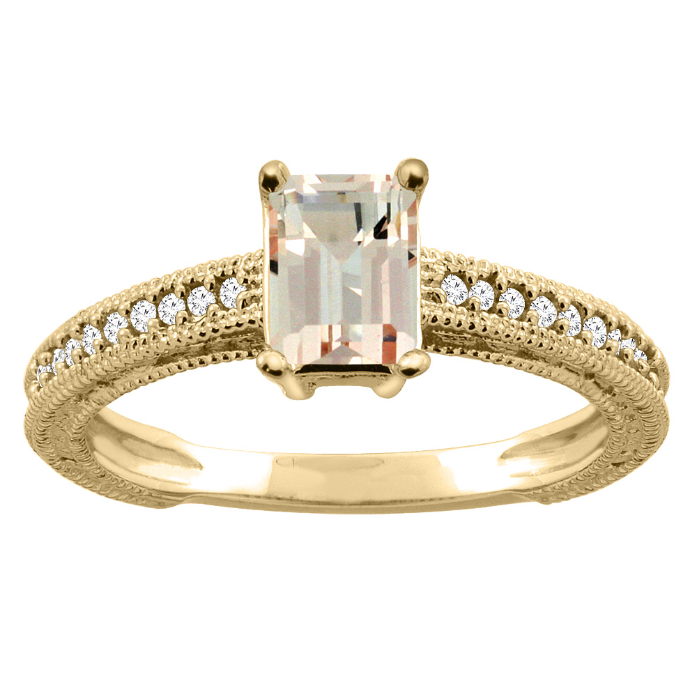 14K Gold Natural Morganite Engagement Ring Octagon 8x6mm Diamond Accents, sizes 5 - 10