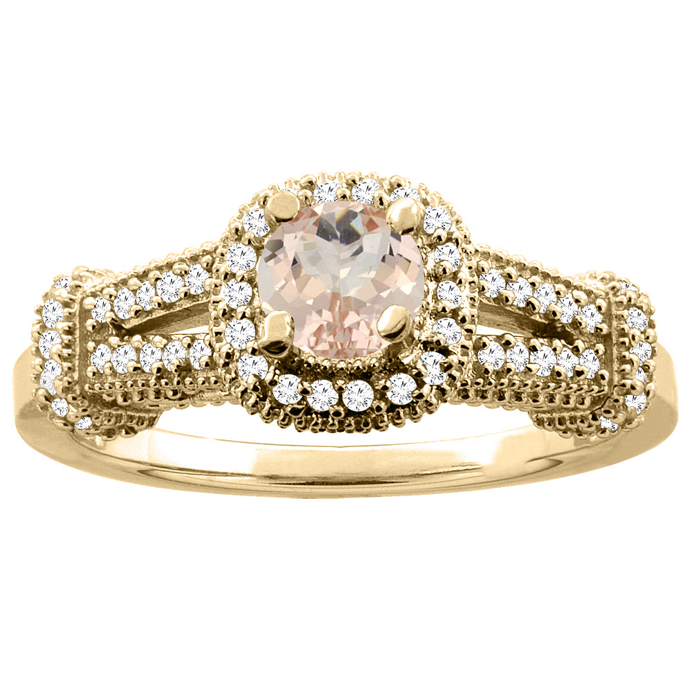 14K Yellow Gold Natural Morganite Engagement Halo Ring Round 5mm Diamond Accents, sizes 5 - 10