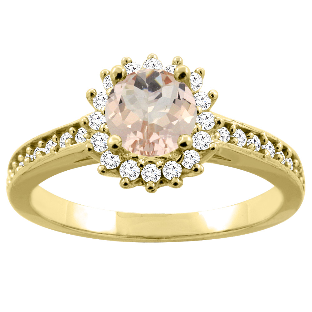14K Gold Natural Morganite Floral Halo Diamond Engagement Ring Round 6mm, sizes 5 - 10