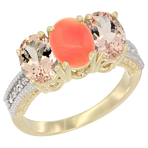 14K Yellow Gold Natural Coral & Morganite Sides Ring 3-Stone Oval 7x5 mm Diamond Accent, sizes 5 - 10