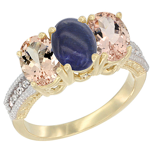 14K Yellow Gold Natural Lapis & Morganite Sides Ring 3-Stone Oval 7x5 mm Diamond Accent, sizes 5 - 10