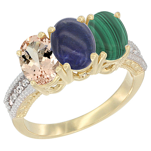 14K Yellow Gold Natural Morganite, Lapis & Malachite Ring 3-Stone Oval 7x5 mm Diamond Accent, sizes 5 - 10