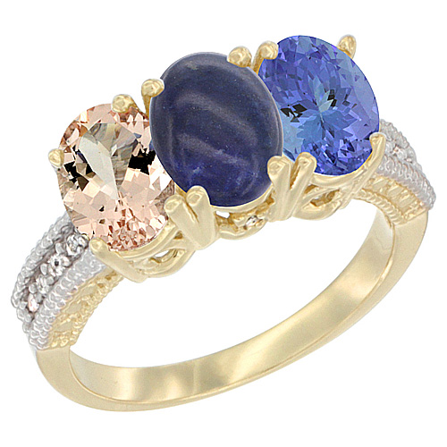 14K Yellow Gold Natural Morganite, Lapis & Tanzanite Ring 3-Stone Oval 7x5 mm Diamond Accent, sizes 5 - 10