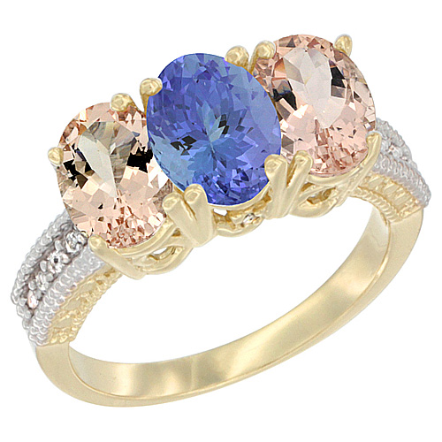 10K Yellow Gold Natural Tanzanite & Morganite Ring 3-Stone Oval 7x5 mm, sizes 5 - 10