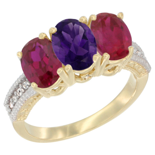 10K Yellow Gold Natural Amethyst & Enhanced Ruby Ring 3-Stone Oval 7x5 mm, sizes 5 - 10