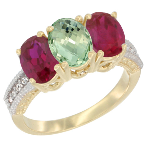 10K Yellow Gold Natural Green Amethyst & Enhanced Ruby Ring 3-Stone Oval 7x5 mm, sizes 5 - 10