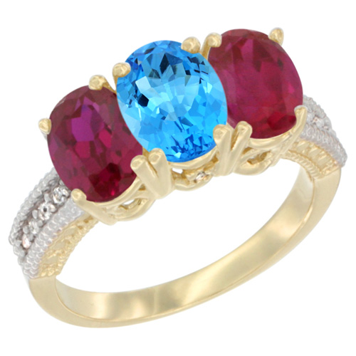 14K Yellow Gold Natural Swiss Blue Topaz & Enhanced Ruby Sides Ring 3-Stone Oval 7x5 mm Diamond Accent, sizes 5 - 10