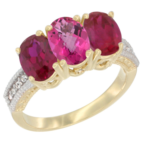10K Yellow Gold Natural Pink Topaz & Enhanced Ruby Ring 3-Stone Oval 7x5 mm, sizes 5 - 10