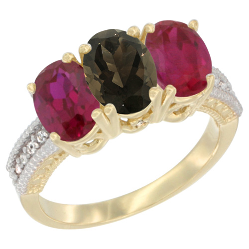 14K Yellow Gold Natural Smoky Topaz & Enhanced Ruby Sides Ring 3-Stone Oval 7x5 mm Diamond Accent, sizes 5 - 10
