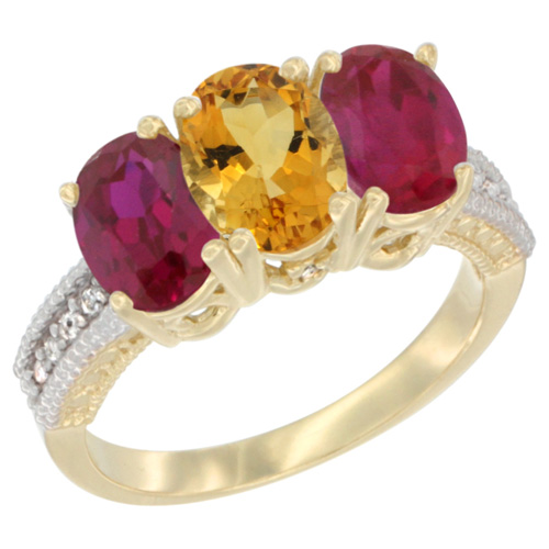 10K Yellow Gold Natural Citrine & Enhanced Ruby Ring 3-Stone Oval 7x5 mm, sizes 5 - 10
