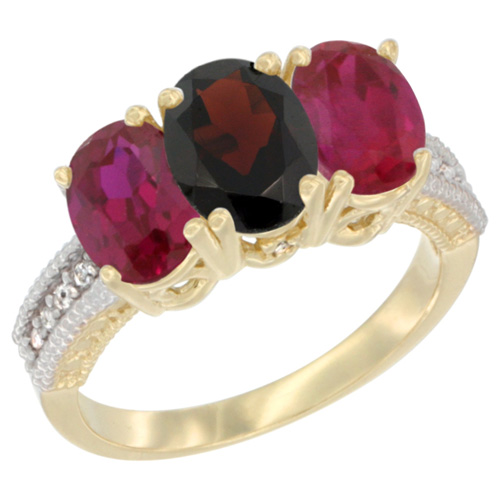 14K Yellow Gold Natural Garnet & Enhanced Ruby Sides Ring 3-Stone Oval 7x5 mm Diamond Accent, sizes 5 - 10
