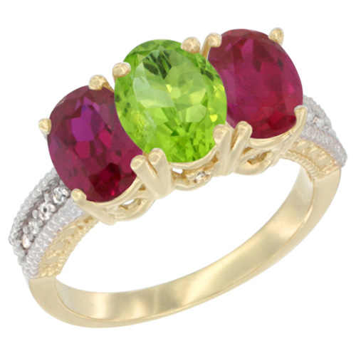 10K Yellow Gold Natural Peridot & Enhanced Ruby Ring 3-Stone Oval 7x5 mm, sizes 5 - 10