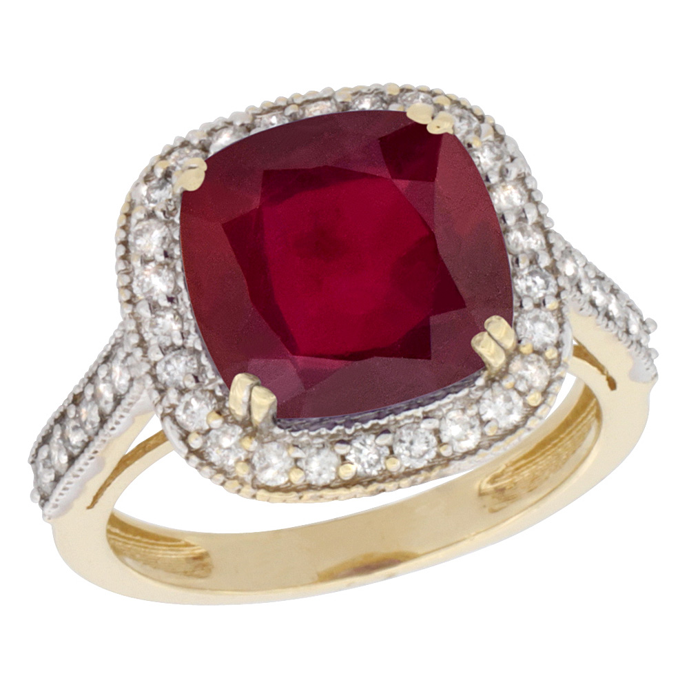 14K Yellow Gold Diamond and Enhanced Genuine Ruby Ring Cushion-cut 10x10mm, sizes 5-10