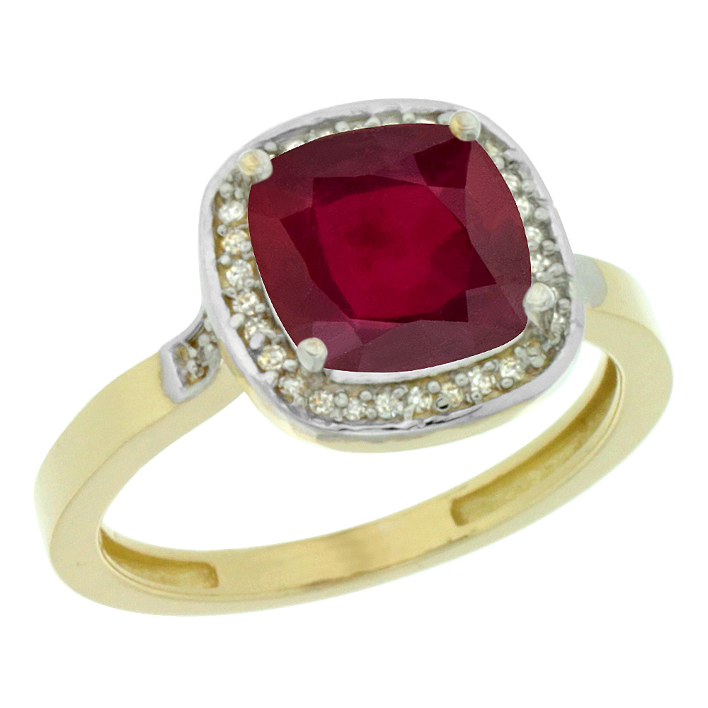 14K Yellow Gold Diamond and Enhanced Genuine Ruby Ring Cushion-cut 8x8mm, sizes 5-10