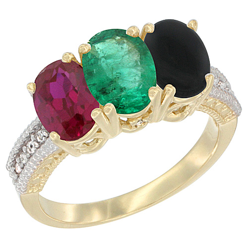 10K Yellow Gold Enhanced Ruby, Natural Emerald & Black Onyx Ring 3-Stone Oval 7x5 mm, sizes 5 - 10