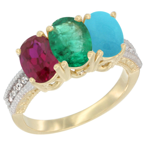 10K Yellow Gold Enhanced Ruby, Natural Emerald & Turquoise Ring 3-Stone Oval 7x5 mm, sizes 5 - 10