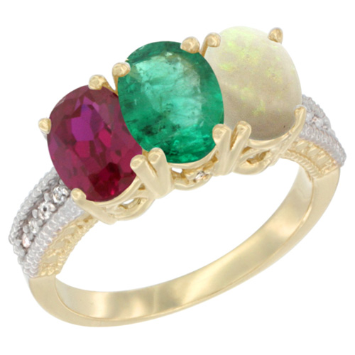 14K Yellow Gold Enhanced Enhanced Ruby, Natural Emerald & Opal Ring 3-Stone Oval 7x5 mm Diamond Accent, sizes 5 - 10