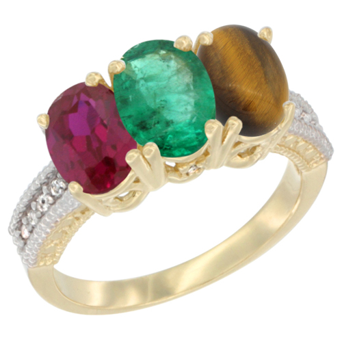 14K Yellow Gold Enhanced Enhanced Ruby, Natural Emerald & Tiger Eye Ring 3-Stone Oval 7x5 mm Diamond Accent, sizes 5 - 10