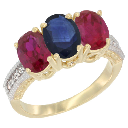 10K Yellow Gold Natural Blue Sapphire & Enhanced Ruby Ring 3-Stone Oval 7x5 mm, sizes 5 - 10