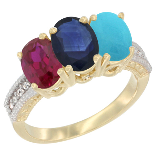 10K Yellow Gold Enhanced Ruby, Natural Blue Sapphire & Turquoise Ring 3-Stone Oval 7x5 mm, sizes 5 - 10
