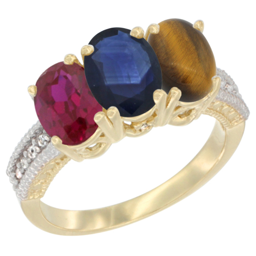 10K Yellow Gold Enhanced Ruby, Natural Blue Sapphire & Tiger Eye Ring 3-Stone Oval 7x5 mm, sizes 5 - 10
